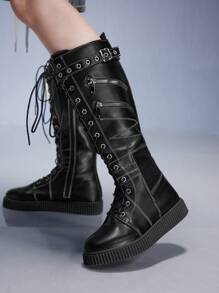 CUCCOO GRLICON 黑色朋克街头风格尖头平底拉链装饰中筒靴，圣诞节和新年假期氛围秋冬日常朋克靴 - 黑色 - 查看 4