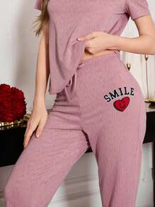 SHEIN 字母爱心刺绣纯色休闲提花荷叶边女式睡裤 - 藕粉色 - 查看 3