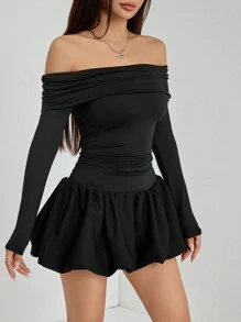 SHEIN PETITE Women's Solid One-Shoulder Long Sleeve Ruffle Hem Mini Dress For Spring & Autumn