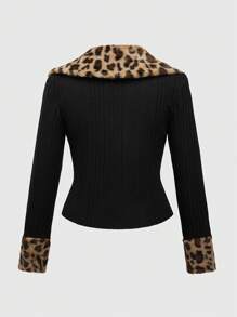 ROMWE Grunge Punk Luxury Leopard Black Plus Size Y2K Gyaru Harajuku Style Leopard Print Distressed Open Front Fitted Cardigan For Women - Black - View 2