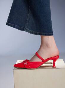 CUCCOO GRLICON 女士时尚简约纯色尖头高跟鞋，适合圣诞节和新年假期氛围秋冬季 - 紅色 - 查看 2