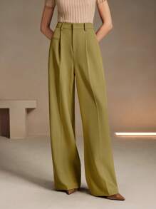 Anewsta Maillard Women's Casual Loose Straight-Leg Solid Color Suit Pants - Olive Green - View 1