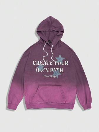 Street Life Herren Kapuzenpullover mit Farbverlauf, Buchstaben-Muster und Taschen, Langarm Sweatshirt