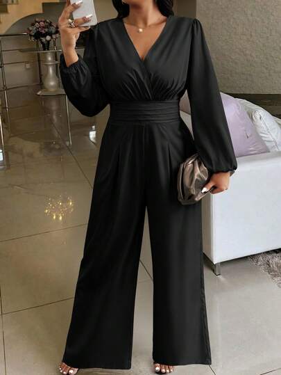 Celure Plus Size Solid V-Neck Long Sleeve Ruched Casual Jumpsuit Fall Cloth For Women