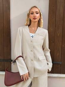 SHEIN EZwear Women Casual Solid Color Loose Blazer Jacket And Pants Suit, Autumn
