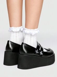 ROMWE Kawaii Women Platform Round Toe Punk Style Thick Sole Buckle Strap High Heels Shoes, Black New Year Holiday