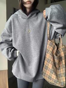 DAZY Women's Hooded Solid Color Five-Pointed Star Sweatshirt, Long Sleeve Leopard Print,Fall Women Clothes - Grey - View 3