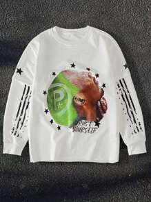 PAVTROS Manfinity Streetrush Men's Vintage Street Portrait Star Print Sweatshirt With 2 In 1 Design Vacation Graphic Long Sleeve Sweatshirt, For Friends, Husband, Boyfriend Gifts - White - View 1