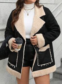 SHEIN LUNE Plus Size Women's Faux Deer Fur Collar Button Front Pocket Winter Coat