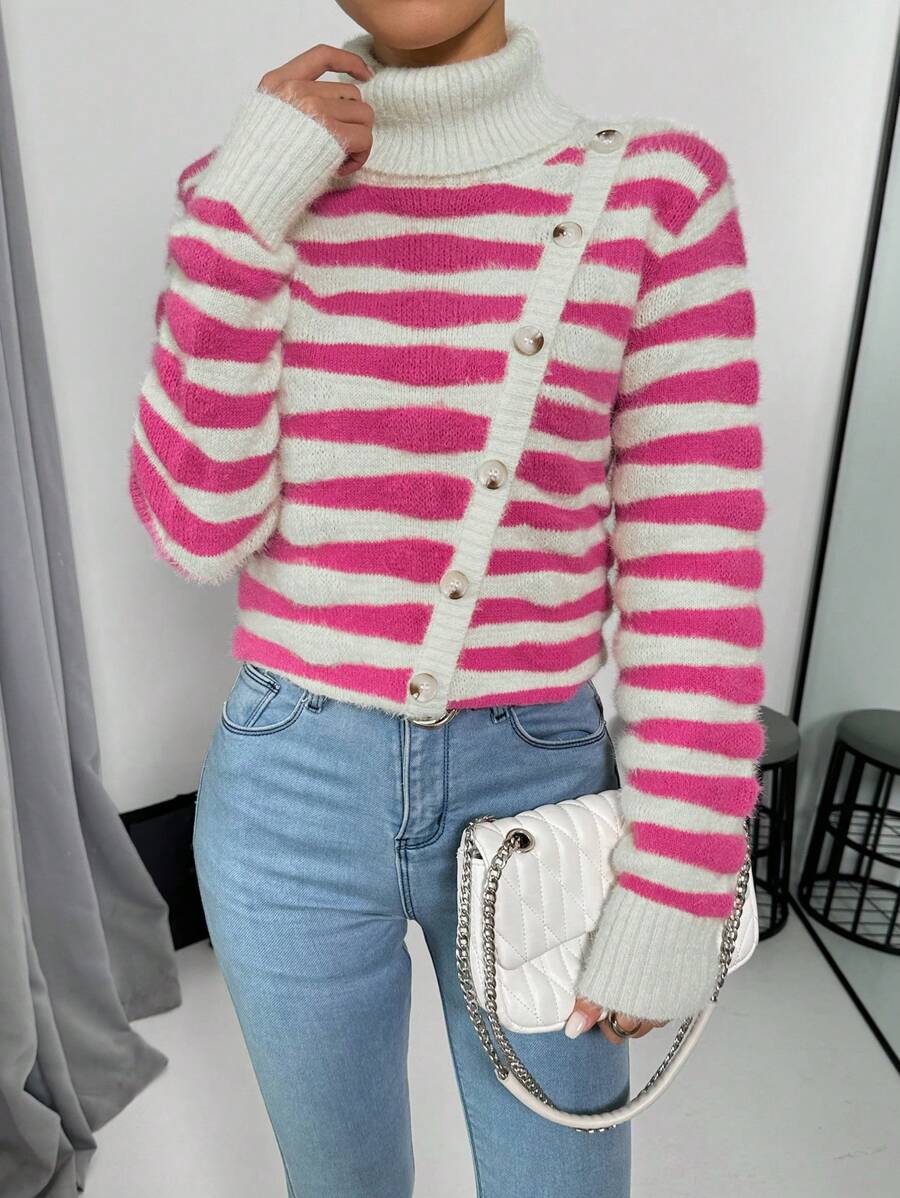 Chiquease Pull col roulé rayé, décontracté et pour le port quotidien, tricot pull automne hiver - Multicolore - Voir 1