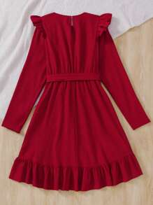 SHEIN Teen Girl Red Woven Textured Jacquard Wave Pattern Tie-Waist Ruffle Trim Long Sleeve Elegant Retro Casual Dress - Red - View 2