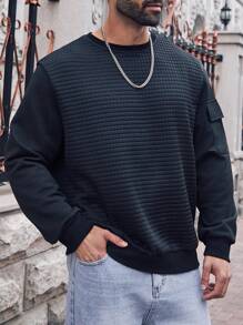 Manfinity Homme Plus Size Men's Casual Patchwork Pullover Sweatshirt, Autumn/Winter Work Crew Neck Basic Black Long Sleeve Sweatshirt, For Friends, Husband, Boyfriend Gifts - Black - View 1