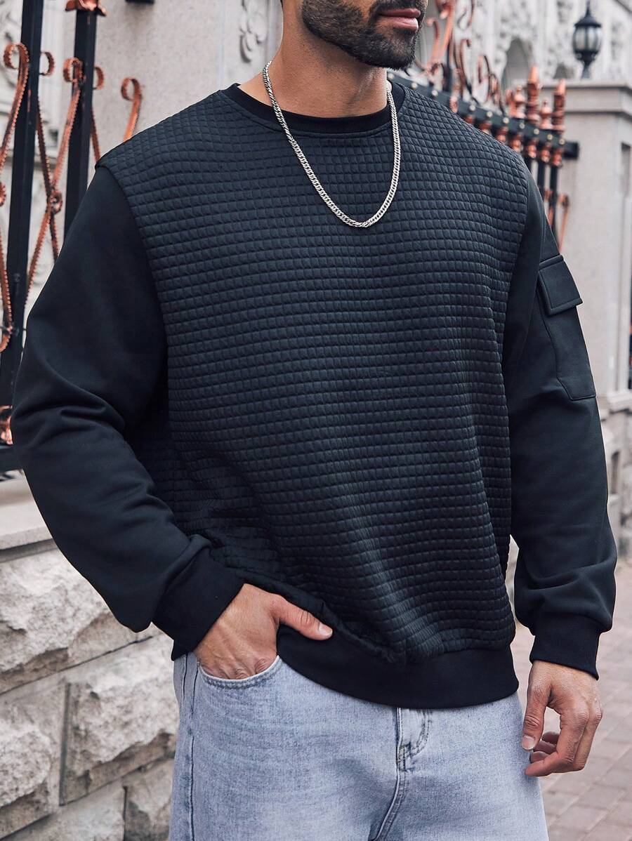 Manfinity Homme Plus Size Men's Casual Patchwork Pullover Sweatshirt, Autumn/Winter Work Crew Neck Basic Black Long Sleeve Sweatshirt, For Friends, Husband, Boyfriend Gifts - Black - View 1