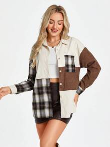 SHEIN LUNE Women's Elegant Casual Commuting Shirt With Vintage Plaid, Color Contrast, Button Collar, Pockets, Corduroy Patchwork, Suitable For Autumn And Winter