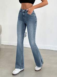SHEIN PETITE Petite Women High Waist Slit Flare Leg Jeans - Medium Wash - View 6