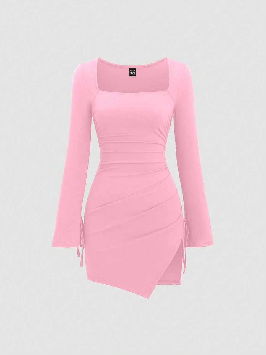 Sweetra 女士方领长袖褶皱性感开衩 Y2K 连衣裙 - 粉色 - 查看 1