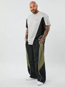 Manfinity NXTstreet Pantalones rectos de talle medio con cordón, de talla grande para hombres, con parches tejidos