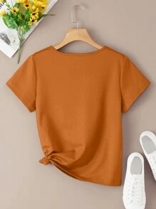 INAWLY 素色V領T恤 - 鏽棕色 - 查看 2