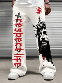 ROMWE MEN Street Life Pantalones con cordón, bolsillo y gráfico con letras y retrato para hombres - Blanco - Ver 1