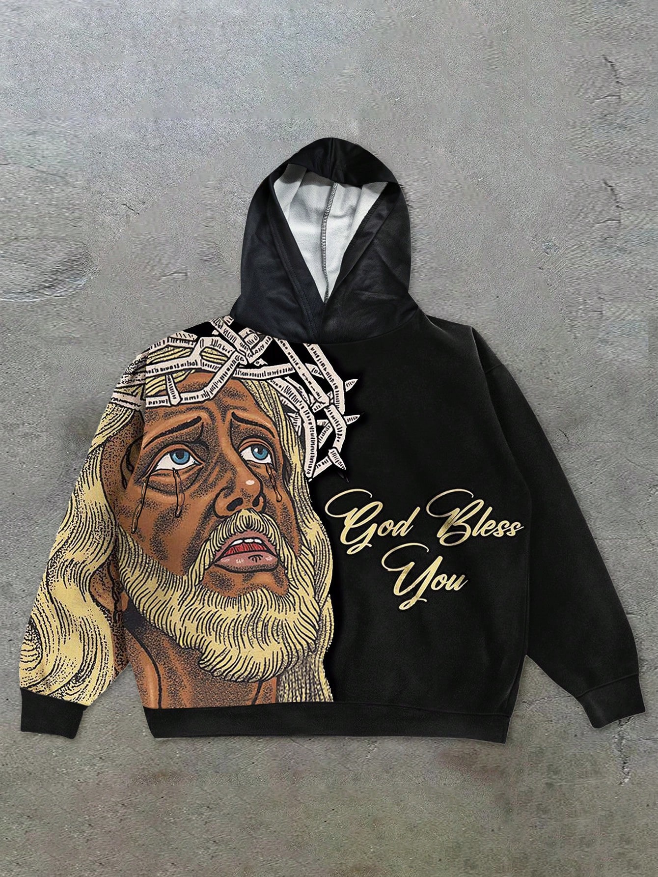 Men's Loose Casual Vintage Colorful Jesus Christ Print Black Distressed Hoodie, Street Style