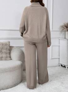 SHEIN LUNE Conjunto de suéter de cuello alto y pantalones de unicolor talla grande, atuendo casual para otoño/invierno