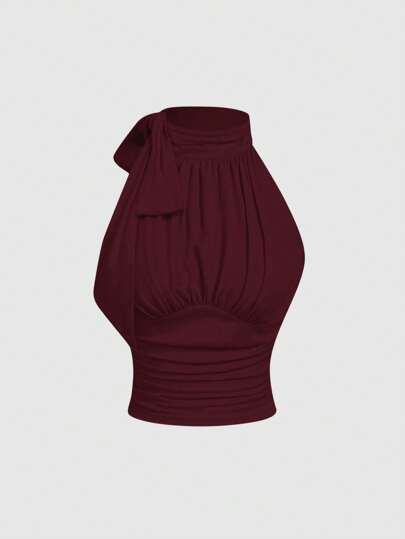 SHEIN MOD Dik yakalı, fiyonklu, büzgülü bluz, günlük kullanım için rahat ve şık; tatil, randevu, piknik, parti, balo, festival ve doğum günü için mükemmel; günlük giyim, dışarı çıkma bluzu, çay partisi, kulüp bluzu, ilkbahar/yaz, düğün davetlisi için ideal.