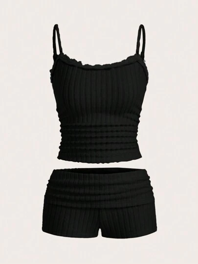 SHEIN EZwear 2 件套女士纯色细肩带荷叶边细节上衣和短裤