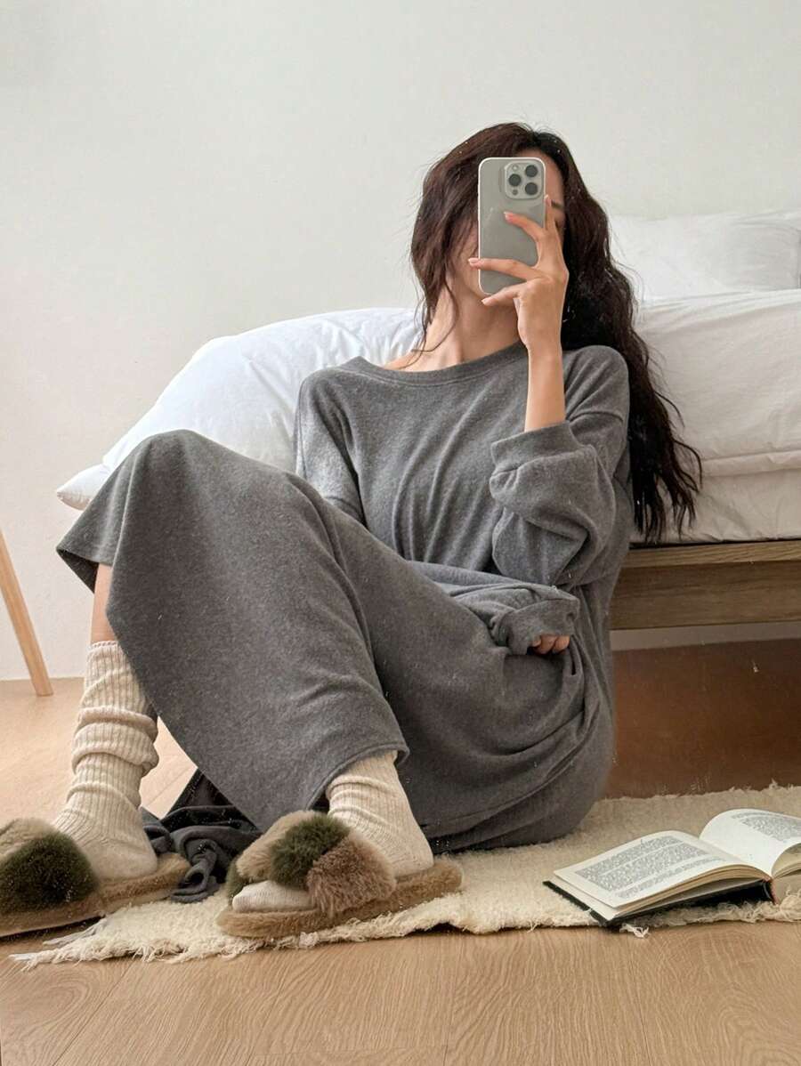 DAZY Minimalist Solid Color Loose Long House Dress Pajama - Grey - View 1