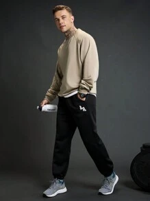 Gym Rark 男友风格男士纯色圆领休闲百搭长袖运动衫，运动服运动衫 - 卡其色 - 查看 5
