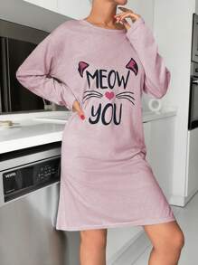 RueChic Cotton Cute Cat Slogan Printed Sleepshirt - Baby Pink - View 3