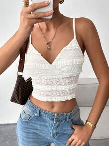 SHEIN Essnce Dames Lente Zomer Casual Nieuw Wit Effen Kleur Elegant Romantisch Kant Strik Ruffle Zoom Camisole Valentijnsdag Valentijnskleding Vakantie Crop Tops Nieuwjaar Dames Outfit