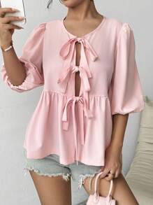 Chiquease Women's Plain & Simple Daily Wear Tie-Up Shirt,Three Quarter Sleeve Tops