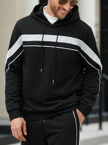 Manfinity Homme Men's Casual Color Block Striped Hoodie And Sweatpants Tracksuit Set - Black - View 4