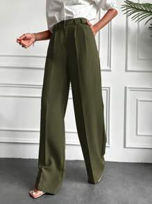 EURMUSE Women's Fashionable Versatile Solid Color Wide Leg Suit Pants - Dark Green - View 4
