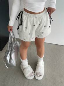 Flirla Plus Size Women Casual Flared Pants With Lace Trim & Bow Decor, Loose Shorts Fit For Summer - Beige - View 6