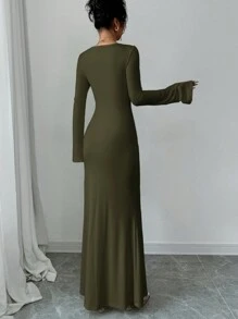 Firerie Robe casual ajustée à manches longues avec col en cœur de couleur unie pour femmes - Militaire verte - Voir 2