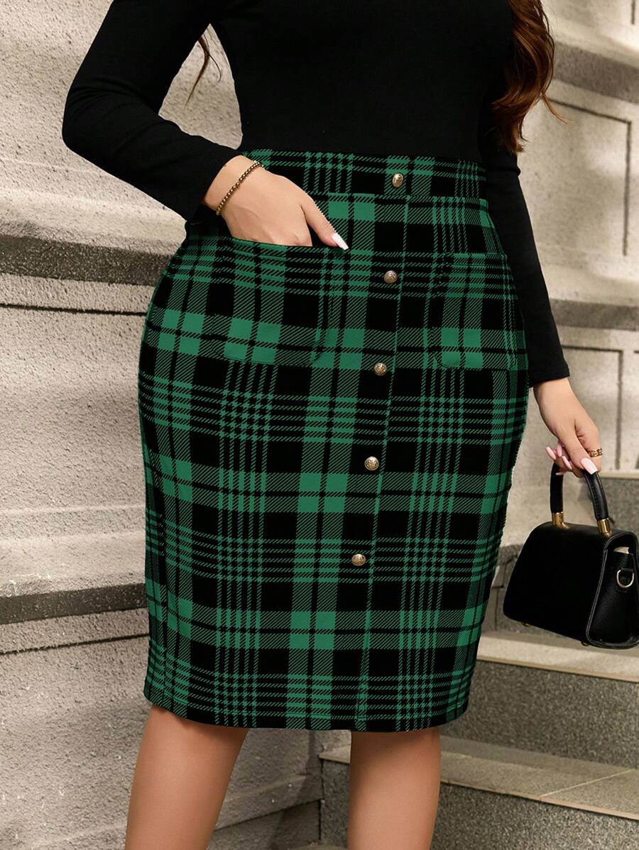 SHEIN Clasi Plus Size Casual Plaid Print Front Button Fitted Skirt, Autumn/Winter