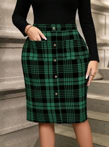 SHEIN Clasi Plus Size Casual Plaid Print Front Button Fitted Skirt, Autumn/Winter