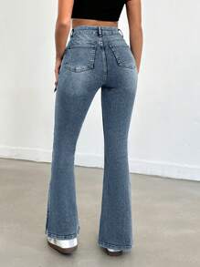 SHEIN PETITE Petite Women High Waist Slit Flare Leg Jeans - Medium Wash - View 2