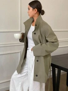 Livesso 宽松长袖腰带口袋女式风衣女式夹克，秋季女装 - 綠色 - 查看 3