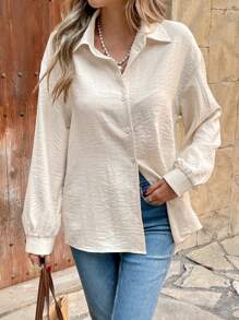 SHEIN Frenchy Women's Solid Color Casual Simple Stylish Shirt, For Everyday Wear, A Must-Have For Autumn And Winter, Lapel Long Sleeve Puff Sleeve Loose Top, Solid Color Cardigan Shirt, Casual And Loose,