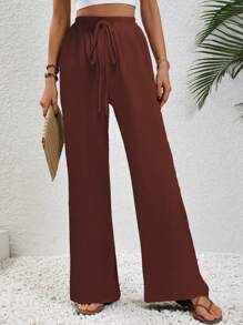 SHEIN LUNE Women's Solid Color Drawstring Pocket Casual Pants, Versatile