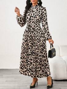 SHEIN Lady Leopard Print Dress Pleated A-Hem Long Dress For Women