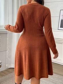 Vionelle Women Plus Size Button Design Long Sleeve V-Neck A-Line Dress Fall Cloth For Women - Brown - View 2