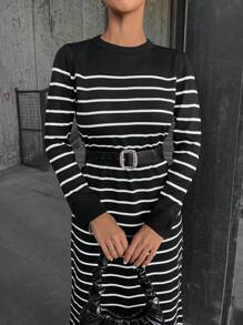 Cloudara Striped Pattern Sweater Dress - Black and White - View 5