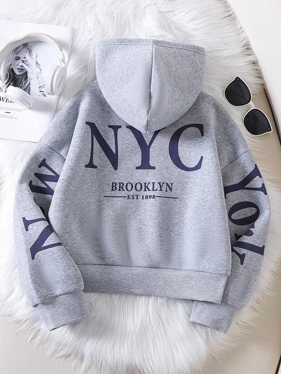 SHEIN Explorewe Girls' Letter Printed Hooded Sweatshirt - Grey - View 1