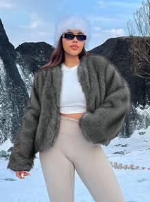 SHEIN EZwear 女士加大码纯色长袖前开宽松休闲蓬松外套冬季 - 灰色 - 查看 7