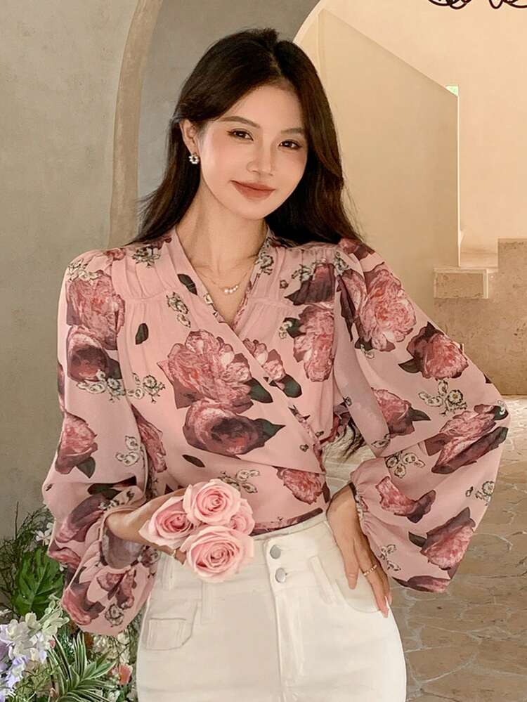 All-Over Floral Long Sleeve Tie-Waist Cropped Button-Down Shirt, Fall Graphic Tee Vacation Women Boho