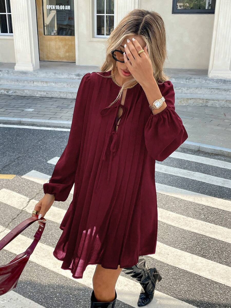 Serisse Women's Elegant Burgundy Autumn Pleated Dress,Basic Striped Brunch Outfit,Casual Holiday Resort & Valentine's Day Christmas Winter New Year Costume - Burgundy - View 1