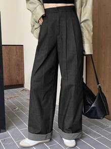 DAZY Women's Loose Patchwork Striped Pockets Wide Leg Pants - Dark Grey - View 6